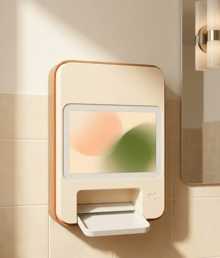 A COVERED dispenser wall-mounted in a warm tiled bathroom