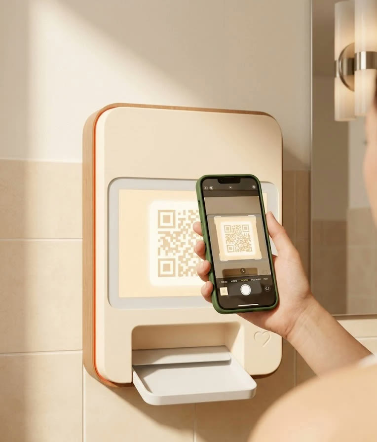 A hand scanning the QR code on the dispenser's screen with a phone