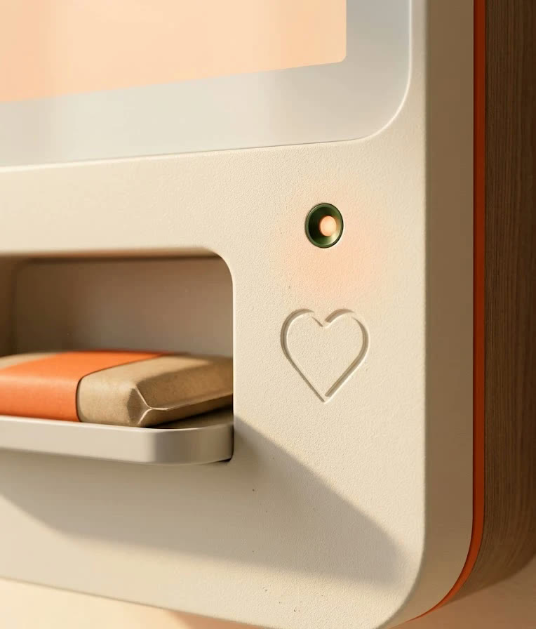 A wrapped pack with an orange band waiting in the COVERED dispenser tray — the answer on the wall