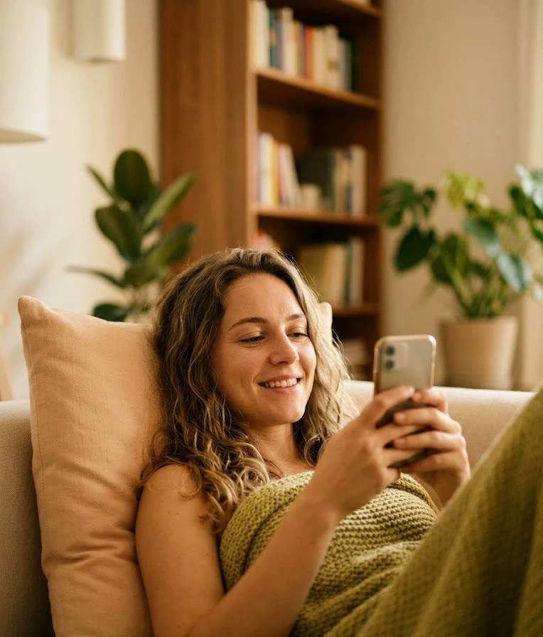 A woman relaxing on a sofa smiling at her phone — no one should have to sit life out