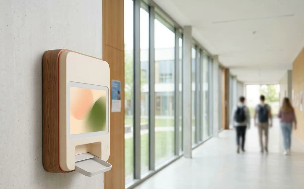 A COVERED dispenser in a bright university corridor — the high-footfall venues where dispensers live