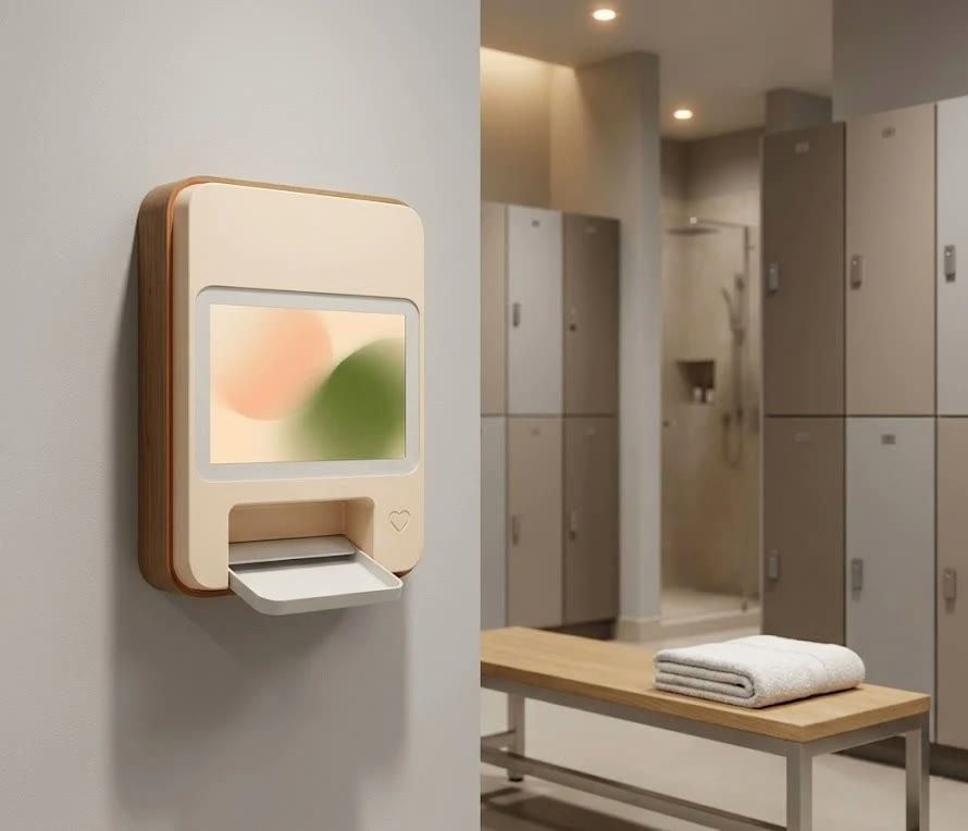 A COVERED dispenser in a modern gym changing area beside lockers