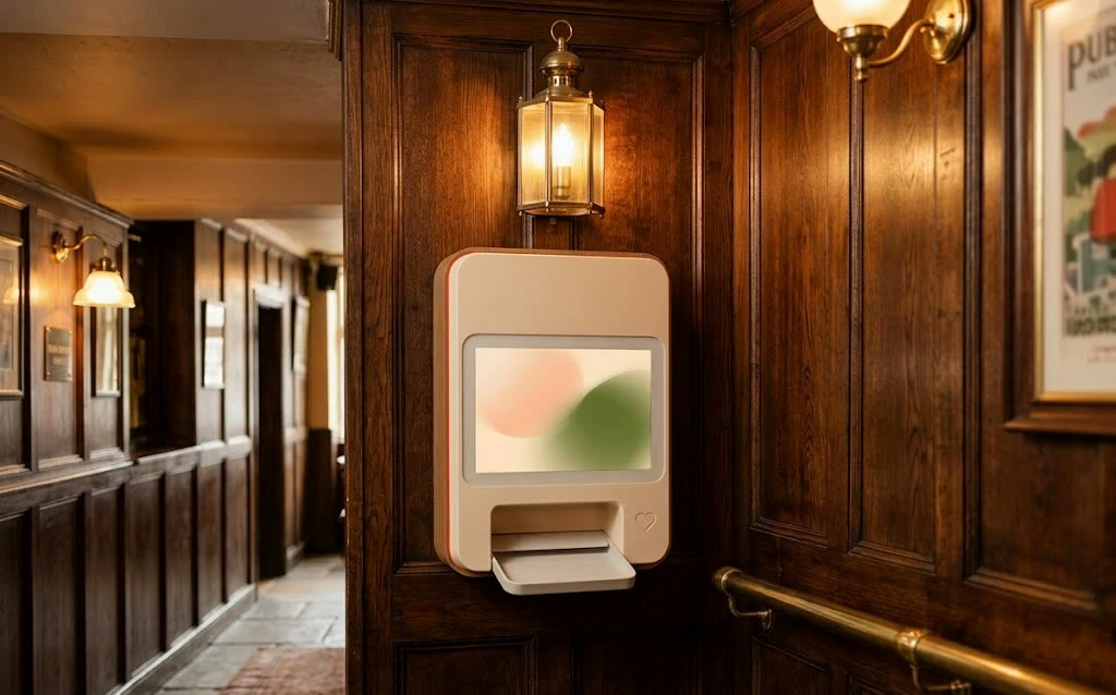 A COVERED dispenser mounted on dark wood panelling in a British pub corridor