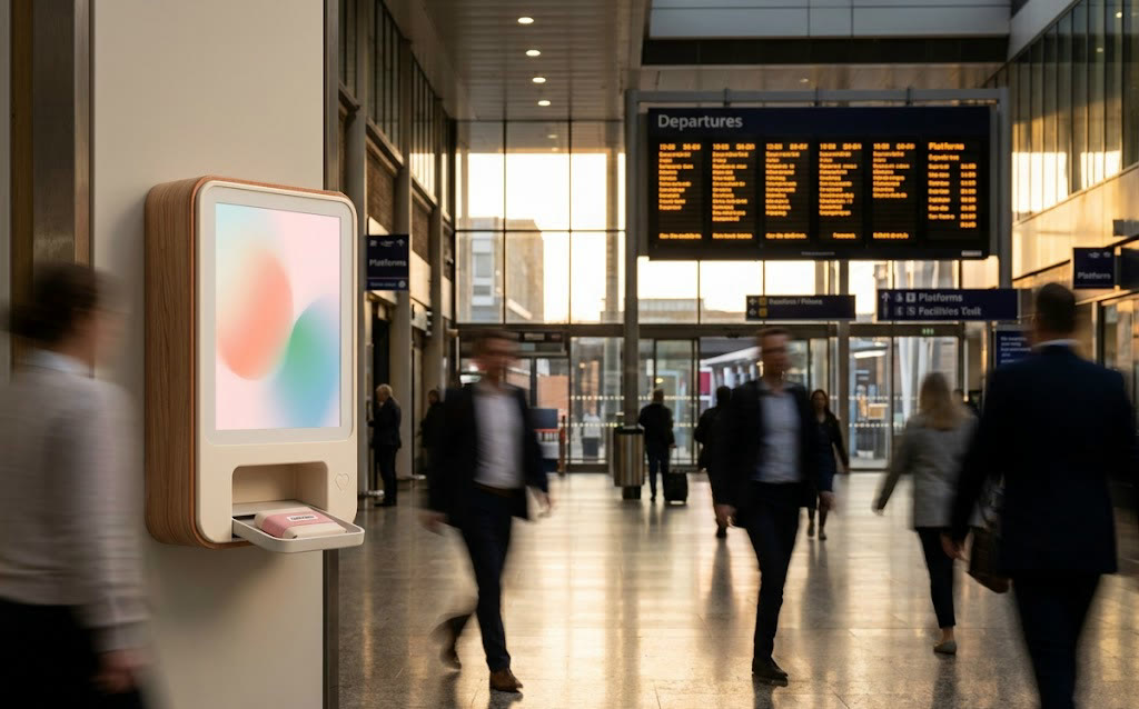 A COVERED dispenser in a busy railway station concourse, departures board glowing behind blurred commuters